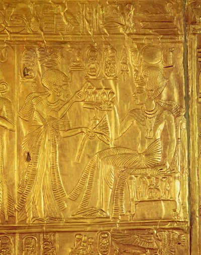 Detalje fra den gyldne helligdom, fra Tutankhamons grav (ca. 1370-1352 f.Kr.) New Kingdom (træ overlejret med gesso dækket med guldplade) af Egyptian 18th Dynasty