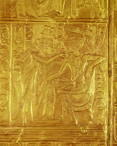 Detalje fra den gyldne helligdom, fra Tutankhamons grav (ca. 1370-1352 f.Kr.) New Kingdom (træ overlejret med gesso dækket med guldplade) af Egyptian 18th Dynasty