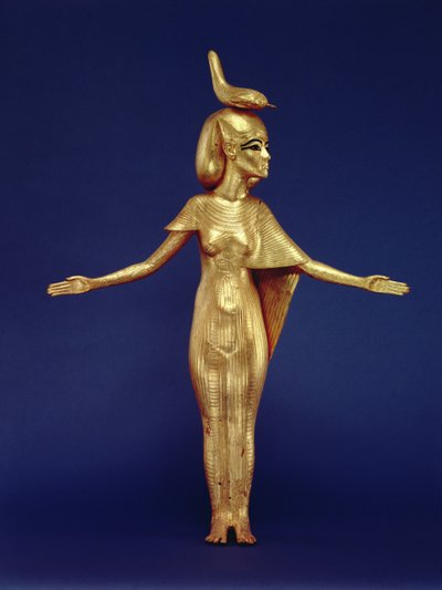 Detalje af gudinden Selket fra den canopiske helligdom, fra Tutankhamons grav (ca. 1370-1352 f.Kr.) New Kingdom (forgyldt træ) (se også 228567) af Egyptian 18th Dynasty