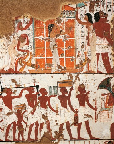 Egypti, Thebes, El-Khokhan nekropolisin aatelisten laakso, Nebamonin ja Ipoukyn hauta, yksityiskohta freskoista, jotka kuvaavat hautauskorteenia ja leskeä kuolleen katafalkilla af Egyptian 18th Dynasty