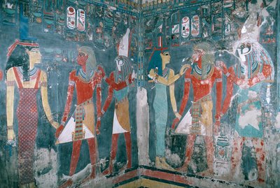 Egypten, Theben, Luxor, Kongernes Dal, Horemhebs grav, vægmaleri forestillende Horemheb mellem gudinden Isis og guden Horus, Det Nye Rige, XVIII. dynasti af Egyptian 18th Dynasty