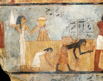 Egypten, Theben, Unsus grav, kvinde bringer mad til arbejdere i marken, vægmaleri af Egyptian 18th Dynasty