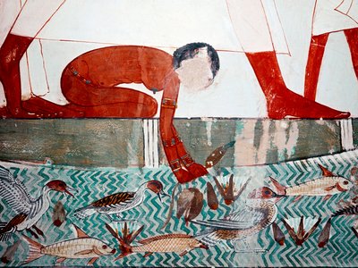 Egyptisk kunst: Mennas grav. Fiskescene, detaljer. En nøgen tjenestepige plukker en lotusblomst (18. dynasti) Fresco of Luxor (Thebens sted, Sheikh Abd al-Gournah (Gournah), Nilens venstre bred, Egypten. af Egyptian 18th Dynasty