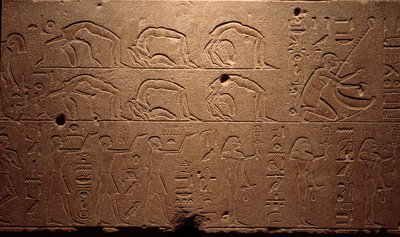 Egyptisk antikvitet: detalje af en indgraveret fresco, der forestiller dansere, kontorionister og musikere. Periode med dronning Hatshepsut (Hatshepsut) 18. dynasti. Luxor, egyptisk kunstmuseum af Egyptian 18th Dynasty