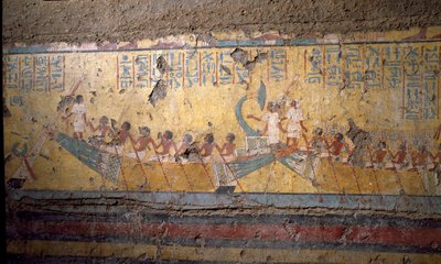 Ægyptisk antikvitet: fresko af maleren Maias grav, pilgrimsfærd med båd i Abydos, citat af Osiris. 18. dynasti. Fra kapellet i Maia, Deir el-Medineh (el Medineh), New Empire Dim. 67 cm Torino, Egyptisk Museum af Egyptian 18th Dynasty
