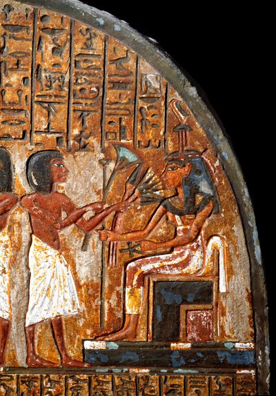 Egyptisk antikvitet: Minhoteps begravelsesstele: detalje, der repræsenterer et tilbud af blomster til gudinden Hathor, der har livets nøgle i form af et Ansee-kors (Ankh). 18. dynasti. 14. århundrede f.Kr. Torino, egyptisk museum af Egyptian 18th Dynasty