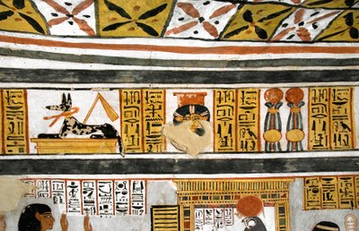 Egyptian antiquite: representation of Anubis, Hathor and hieroglyphs. Painting of the Tomb of Roydani af Egyptian 18th Dynasty