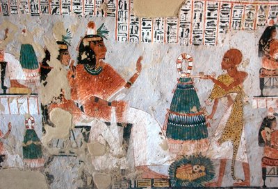 Egyptisk antikvitet: repræsentation af Roy og hans kone Nebtawy over for en ypperstepræst. Maleri af Roys grav (TT255). 18. dynasti. Fra Vestbredden af Luxor, Egypten af Egyptian 18th Dynasty
