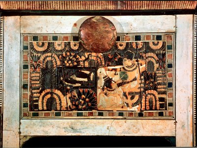 Egyptisk antikvitet: lille trækasse med elfenbensindlæg, der repræsenterer farao Tutankhamons jagtdele. 18. dynasti. Fra Tutankhamons grav (All-Ankh-amun eller Tutankhamon) (1345-1327 f.Kr.) Kongernes Dal. Theben Cairo, Egyptisk Museum af Egyptian 18th Dynasty