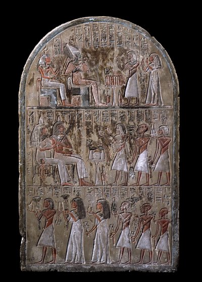 Egyptisk antikvitet: Maia-parrets stel, det hedengangne tilbud giver guderne. 18. dynasti. Fra kapellet i Maia, Deir el-Medineh (el Medineh), New Empire Dim. 67 cm Torino, Egyptisk Museum af Egyptian 18th Dynasty