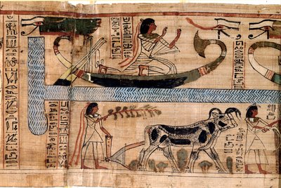 Egyptisk antikvitet: navnet på den afdøde Aner repræsenterer på Osiris båd, scenen for pløjning og vejning af sjæle (psykostase). Papyrus fra en Book of the Dead, 20. dynasti, fra Theben. Torino, egyptisk museum - Det gamle Egypten: de afdødes navn af Egyptian 18th Dynasty