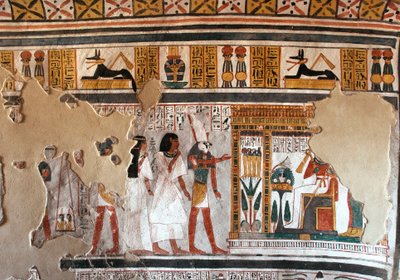 Egyptisk antikvitet: Horus guider Roy og hans kone til Osiris. Fragmenter af freskomaleri fra Roys grav (TT255). 18. dynasti. Fra Vestbredden af Luxor, Egypten af Egyptian 18th Dynasty