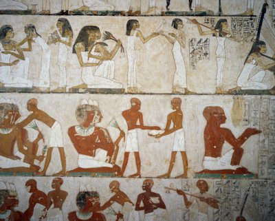 Begravelsesfest med kvindelige musikere, damer, der pynter sig med smykker, mænd og musikere, Rekhmires grav, Sheikh Abd el Qurna Necropolis, Luxor, Theben (Unescos verdensarvsliste af Egyptian 18th Dynasty