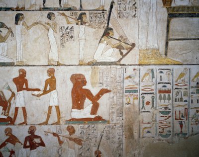 Begravelsesfest med kvindelige musikere, mænd og musikere, detaljer fra freskoerne i Rekhmires grav, Sheikh Abd el Qurnah Necropolis, Luxor, Theben (Unescos verdensarvsliste af Egyptian 18th Dynasty