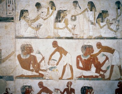 Begravelsesfest med kvindelige musikere, kvinder, der tager smykker på, mænd og musikere, fresker i Rekhmires grav, Sheikh Abd el Qurna Necropolis, Luxor, Theben (Unescos verdensarvsliste af Egyptian 18th Dynasty