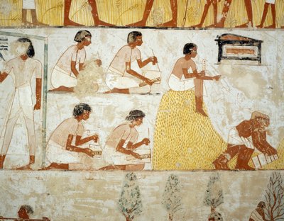 Høst afgrøde, tærskning og vindning af korn, detaljer fra fresker i forhallen af Mennas grav, Sheikh Abd el Qurnah Necropolis, Luxor, Theben (Unescos verdensarvsliste af Egyptian 18th Dynasty