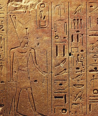 Hieroglyffer, detalje af blok fra Hatshepsuts tempel i Karnak, den egyptiske civilisation, Det Nye Rige, XVIII. dynasti af Egyptian 18th Dynasty