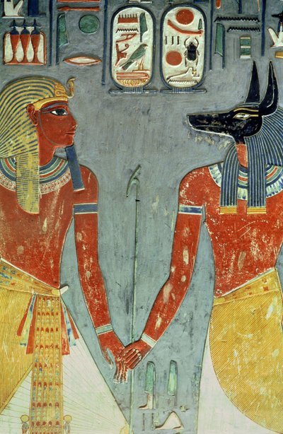 Horemheb og Anubis, fra Horemhebs grav (ca. 1323-1295 f.Kr.) New Kingdom (vægmaleri) af Egyptian 18th Dynasty