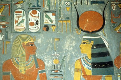 Horemheb og Hathor, fra Horemhebs grav (ca. 1323-1295 f.Kr.) New Kingdom (vægmaleri) (detaljer fra 218340) af Egyptian 18th Dynasty