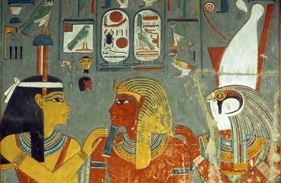 Horus, Horemheb og Hathor, fra Horemhebs grav (ca. 1323-1295 f.Kr.) New Kingdom (vægmaleri) af Egyptian 18th Dynasty
