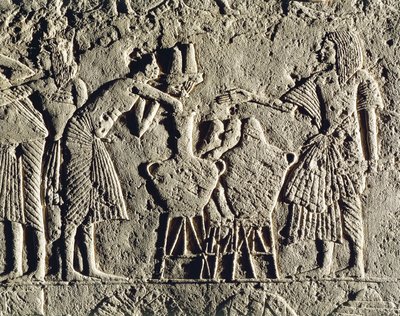 Livet i en militærlejr: arbejdere beskæftiget med drikkevarekontrol (vin og øl), relief fra Horemhebs grav i Saqqara, detalje af Egyptian 18th Dynasty