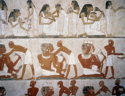 Mænd og kvinder tager smykker på, detaljer fra freskoerne i Rekhmires grav, Sheikh Abd el Qurnah Necropolis, Luxor, Theben (Unescos verdensarvsliste af Egyptian 18th Dynasty