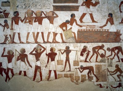 Mænd på arbejde, detaljer fra freskoerne i Rekhmires grav, Sheikh Abd el Qurnah Necropolis, Luxor, Theben (Unescos verdensarvsliste af Egyptian 18th Dynasty
