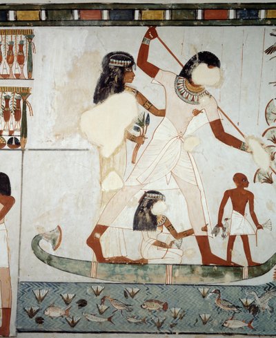 Menna og hans familie fisker og fugler i marskene ved Nilen, detaljer fra fresker i kapellet i Mennas grav, Sheikh Abd el Qurnah Necropolis, Luxor, Theben (Unescos verdensarvsliste af Egyptian 18th Dynasty