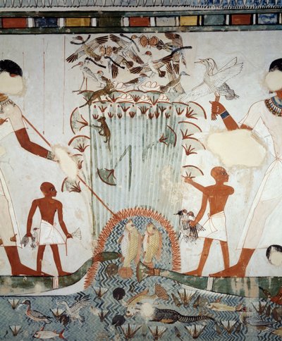 Menna og hans familie fisker og fugler i marskene ved Nilen, detaljer fra fresker i kapellet i Mennas grav, Sheikh Abd el Qurnah Necropolis, Luxor, Theben (Unescos verdensarvsliste af Egyptian 18th Dynasty