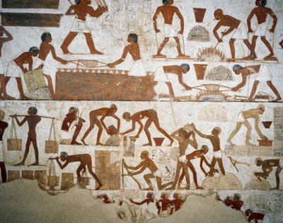 Metalbearbejdning og murstensfremstilling, detaljer fra fresker i Rekhmires grav, Sheikh Abd el Qurnah Necropolis, Luxor, Theben (Unescos verdensarvsliste af Egyptian 18th Dynasty