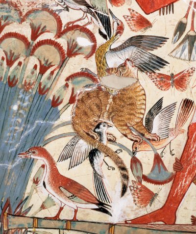 Nebamun på jagt i marsken med sin kone en datter, en del af et vægmaleri fra gravkapellet i Nebamun, Theben, New Kingdom, ca. 1350 f.Kr. (malet gips) (detalje fra 3748) af Egyptian 18th Dynasty