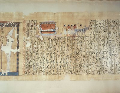 Papyrus, der viser transport af sarkofag på en vogn trukket af en okse, fra Maiherperis dødebog af Egyptian 18th Dynasty
