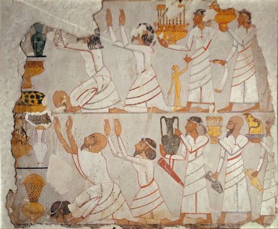 Del af en malet gravmur, der viser asiatiske hyldestbærere, ca. 1400 f.Kr. (malet gips på sten) af Egyptian 18th Dynasty