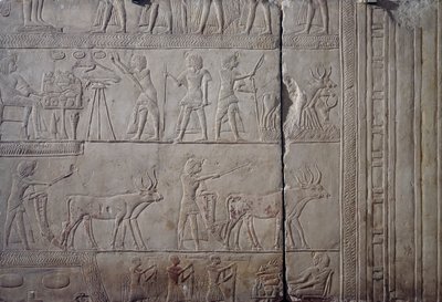 Farao Horemheb, afbildet mens han udfører landbrugsarbejde på markerne i Iaru og modtager høsten fra bønderne, vægrelief af kalksten, fra Horemhebs memfitgrav i Saqqara, Egyptisk civilisation, Det Nye Rige, XVIII. dynasti af Egyptian 18th Dynasty