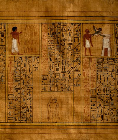 Del af dødebog med tekst i lodrette kolonner af hieroglyffer og indstik med polykrome illustrationer, papyrus, 34 cm x 14 cm, fra Kha-graven i Deir el-Medina, Egyptisk civilisation, Det Nye Rige, XVIII. dynasti af Egyptian 18th Dynasty