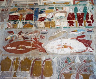 Proviant og keramik ofret til guderne af dronning Hatshepsut, malet relief, Anubis-kapellet, dronning Hatshepsuts gravtempel, også kendt som Djeser-Djeseru, Deir el-Bahri, Theben. Egyptisk civilisation, Det Nye Rige, Dynasti XVIII af Egyptian 18th Dynasty