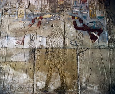Dronning Hatshepsut mellem guden Horus og guden Thoth, malet relief, hallen i Hatshepsuts røde kapel, Karnak-tempelkomplekset (Unescos verdensarvsliste) af Egyptian 18th Dynasty