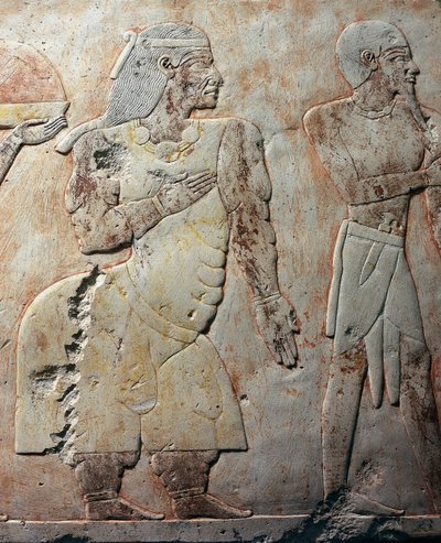 Dronningen af Punt, detaljescene med ekspedition til Punt-landet, malet relief, søjlegang i Punt, Hatshepsuts gravtempel, Deir el-Bahari, Thebens nekropolis (Unesco