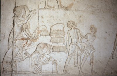 Relief med skriftkloge i arbejde, fra Horemhebs grav (ca. 1323-1295 f.Kr.) Det Nye Rige (vægmaleri) (se 218337 for detaljer) af Egyptian 18th Dynasty