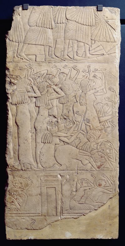 Beklagelsesscene under en begravelse fra Sakkara, New Kingdom, ca. 1330 f.Kr. (kalksten) af Egyptian 18th Dynasty