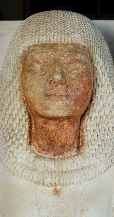 Skriveren Meryneiths ansigt, detaljer fra dobbeltstatue af ypperstepræsten Meryneith og hans kone Aniuia, malet kalksten, der stammer fra Akhenatens regeringstid, Saqqara. Egyptisk civilisation, New Kingdom, Dynasti XVIII af Egyptian 18th Dynasty