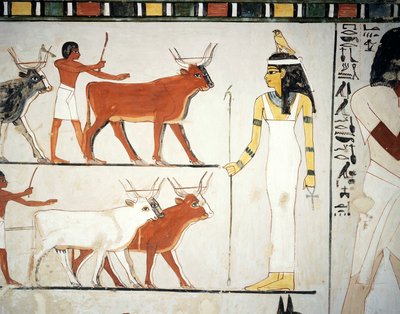 Hyrder og kvæg foran gudinden Imentet, fresko, sydvæg, langsgående kammer, den thebanske grav TT69, Sheikh Abd el-Qurna, Theben (Unescos verdensarvsliste) af Egyptian 18th Dynasty
