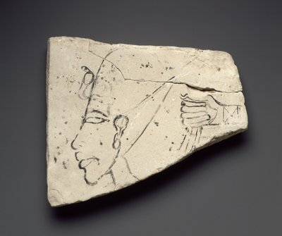 Skitser af Akhenatens hoved og hånd, fra det store palads ved Tell el-Amarna (kalksten) af Egyptian 18th Dynasty