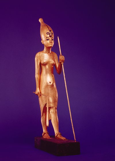 Statuette af kongen, fra Tutankhamons grav (ca. 1370-1352 f.Kr.) New Kingdom (forgyldt træ) af Egyptian 18th Dynasty