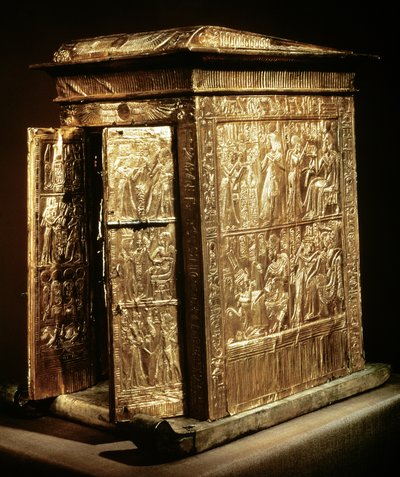 Tutankhamons gyldne helligdom (ca. 1370-52 f.Kr.) New Kingdom (træ overlejret med gesso dækket med guldplade) af Egyptian 18th Dynasty