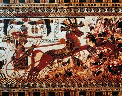 Jagtkassen. Detalje af scene, der skildrer kongen på sin vogn, der besejrer asiatiske fjender, New Kingdom, Dynasti XVIII af Egyptian 18th Dynasty