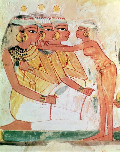 Kvindetoilettet, fra Nakhts grav, New Kingdom, ca. 1400 f.Kr. (vægmaleri) af Egyptian 18th Dynasty