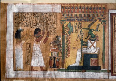 Den afdøde Kha og hans hustru Merit tilbeder Osiris, herre over livet efter døden - Papyrus fra De Dødes Bog, fra arkitekten Khas gravkammer af Egyptian 18th Dynasty