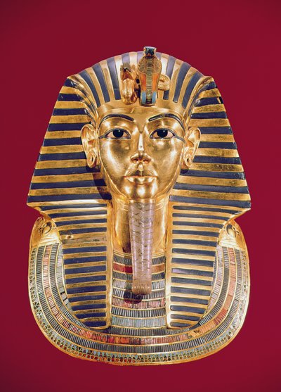 Tutankhamons begravelsesmaske (ca. 1370-1352 f.Kr.) ca. 1336-1327 f.Kr., New Kingdom (guld indlagt med halvædelsten) af Egyptian 18th Dynasty
