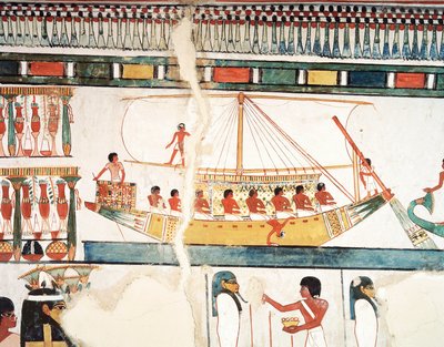 Solskibet, detaljer om pilgrimsrejsen til Abydos, fresco, nordvæg, lang spisestue, Theban Tomb TT69, Sheikh Abd el-Qurna, Theben (Unescos verdensarvsliste af Egyptian 18th Dynasty
